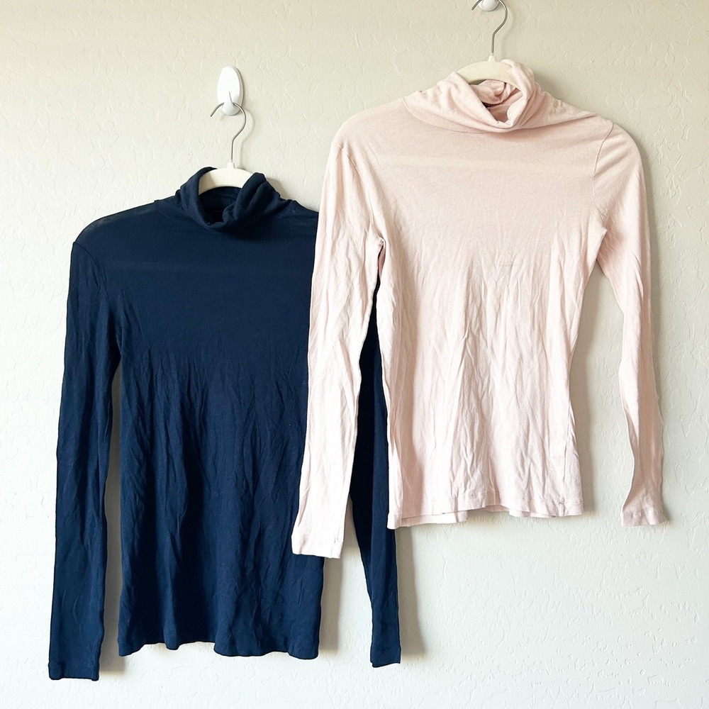 J. Crew Womens Bundle‎ Lot (2) Turtleneck Cotton Long Sleeve Shirts Navy Pink XS